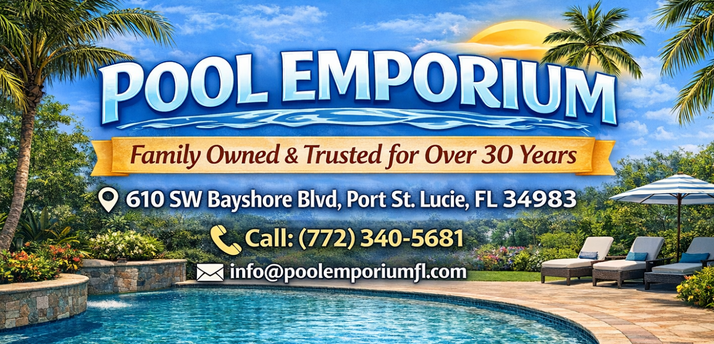 Advertisement for Pool Emporium with pool and lounge area in the background