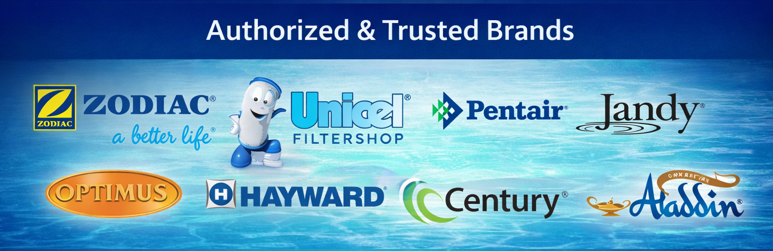 Logos of authorized and trusted brands in the pool industry on a blue water background. Jandy Pentair Aladdin Century Hayward Zodiac Optimus Unicel